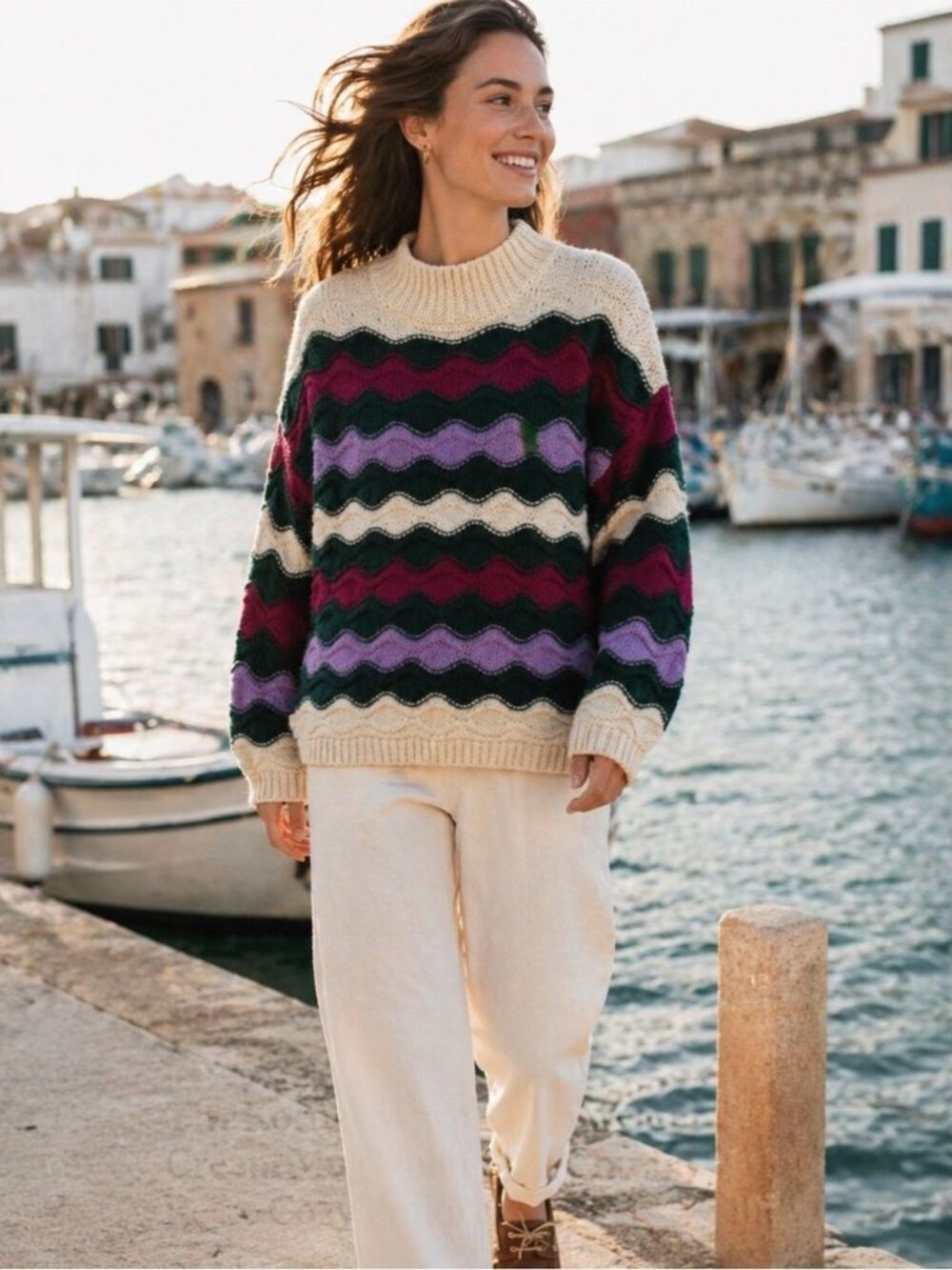 The Korner Wave Knit Sweater Cream Multicolor S/M Chunky Retro Cozy Pullover